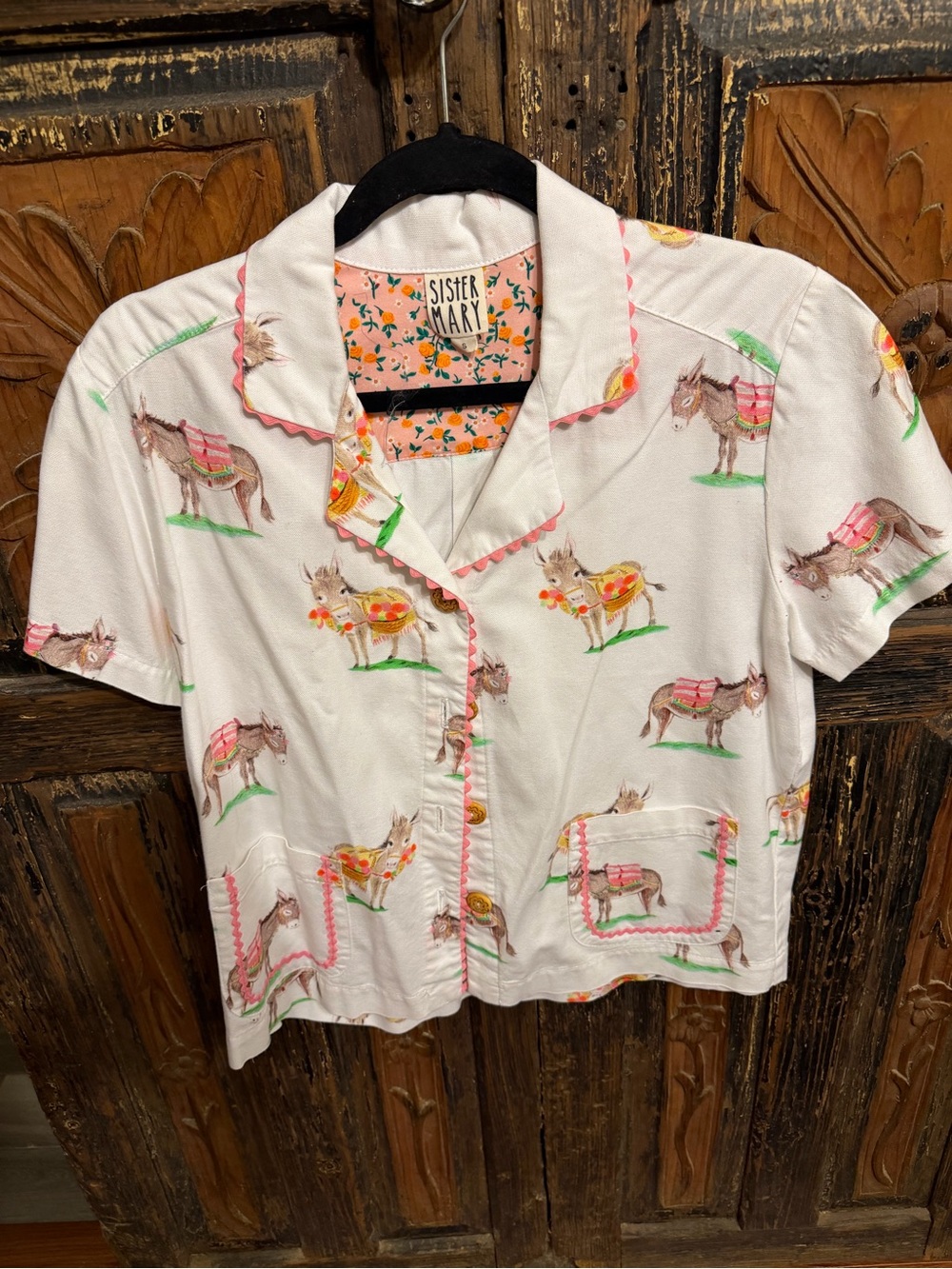 Ladies White Short-Sleeve Donkey Print Shirt